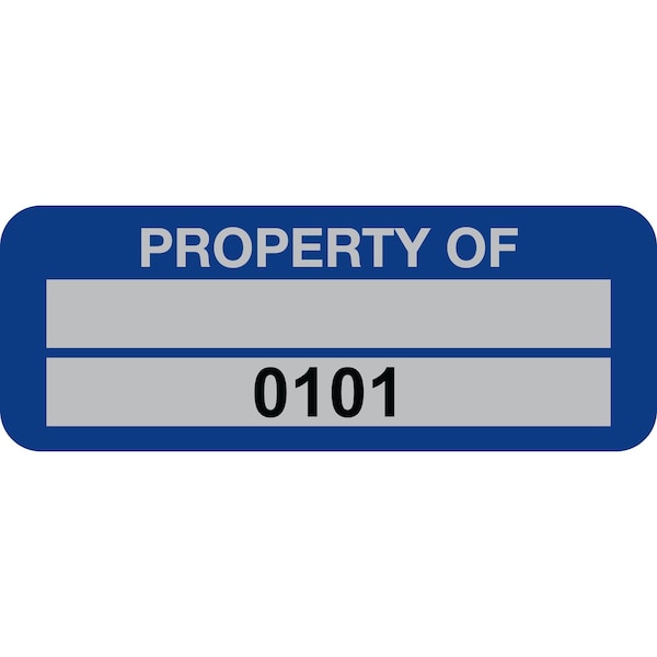 Lustre-Cal Property ID Label PROPERTY OF 5 Alum Blue 2in x 0.75in 1 Blank Pad&Serialized 0101-0200, 100PK 253740Ma2Bd0101 - main